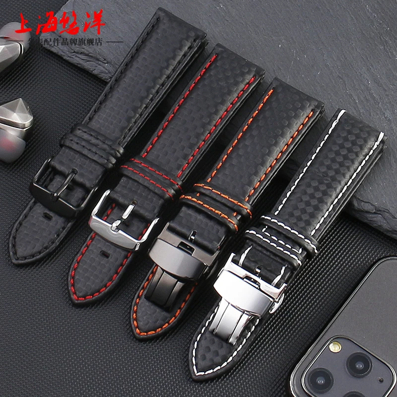 18mm 20mm 22mm 24mm Black Red Orange Stitching Carbon Fiber Leather Watch Band with Steel Clasp Strap Sports Watchband