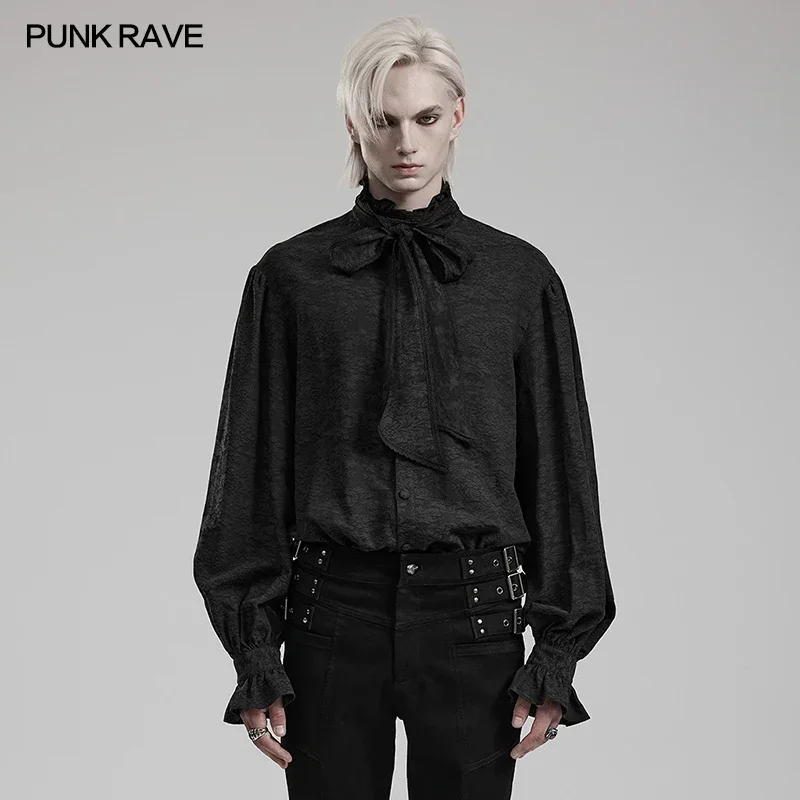 

PUNK RAVE Men's Gothic Ruffled Small Standing Collar Jacquard Shirt Party Club Detachable Bow Tie Black Tops Shirts Men Clothing