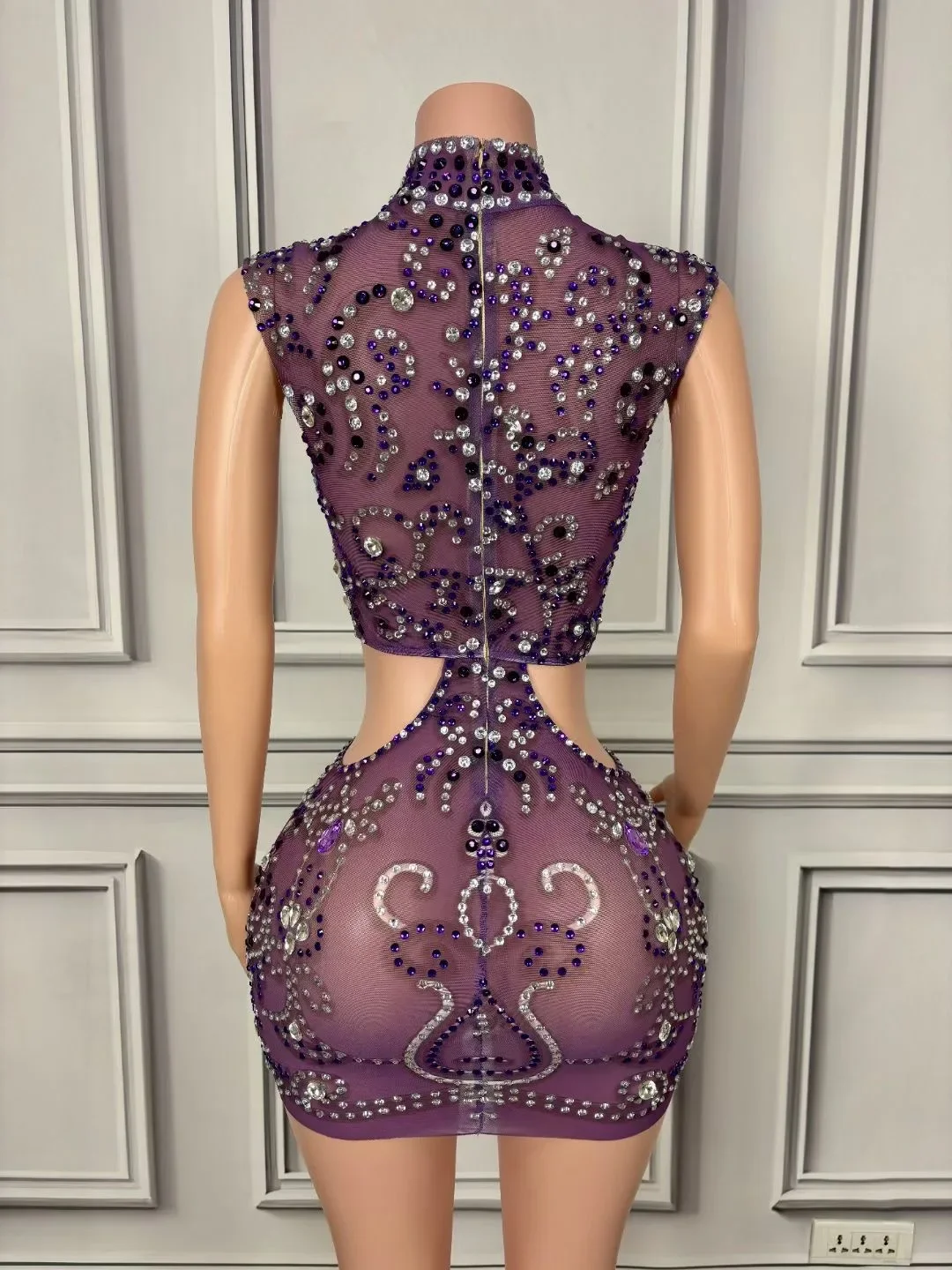 Luxury Rhinestones Mesh See Through Cut Out Sexy Mini Dress Party Club Birthday Evening Celebrate Prom Gowns Stage Wear