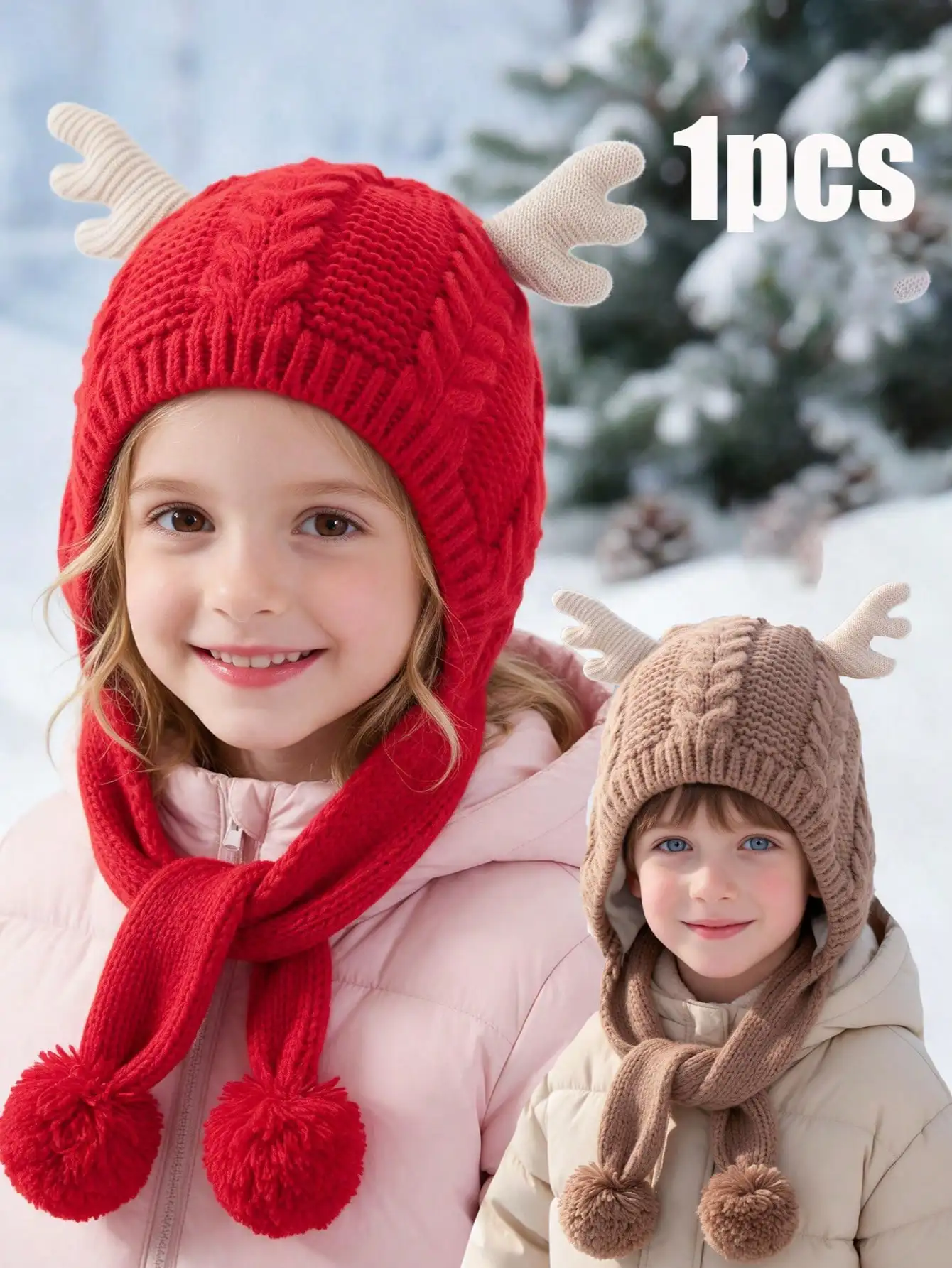 1pcs 3-8Y Children's Christmas Deer Antler Knitted Protective One-Piece Ear Warmer Hat Autumn and Winter Cable Knit Pom-Pom Hat