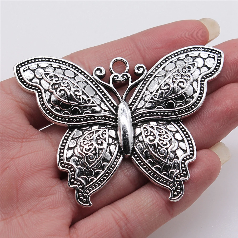 WYSIWYG 1pcs/lot Butterfly Charms Pendant Diy Metal Jewelry Making Antique Silver Color 53x71mm