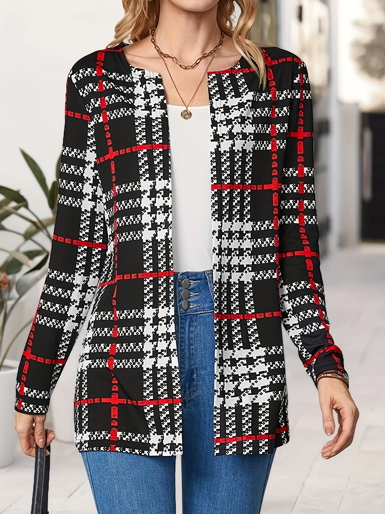 Women Fashion Plaid Printed Outerwear Casual Full Long Sleeve Jacket Coats Ladies Chic Outerwear Tops