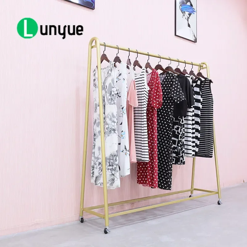 European Gold Light Luxury Movable Floor Clothing Display Rack for Women's Garment Store High End Retail Shop Clothes Hanger