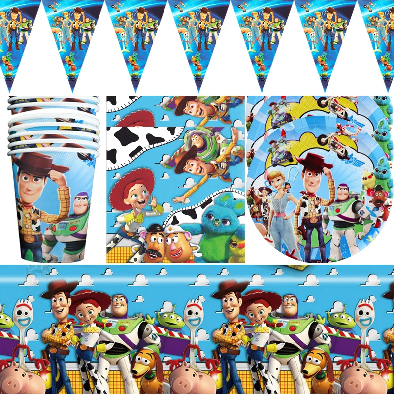 

51pcs/lot Toy Story Theme Banner Happy Birthday Party Flags Plates Decorations Cups Boys Kids Favors Napkins Tablecloth