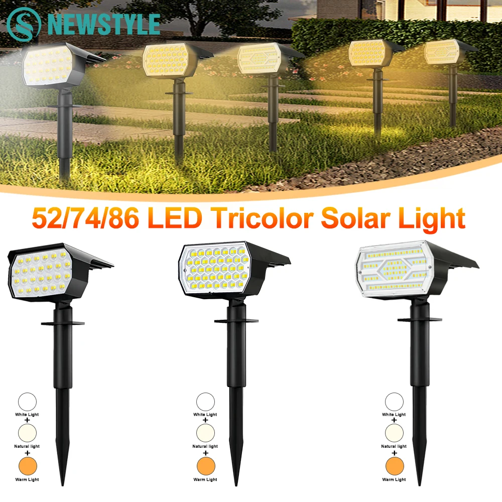 Solar Spot Lights Outdoor 86/74LED 3 Color Lighting Waterproof Solar Powered Landscape Spotlights Wall Yard Garden Pathway Lawn