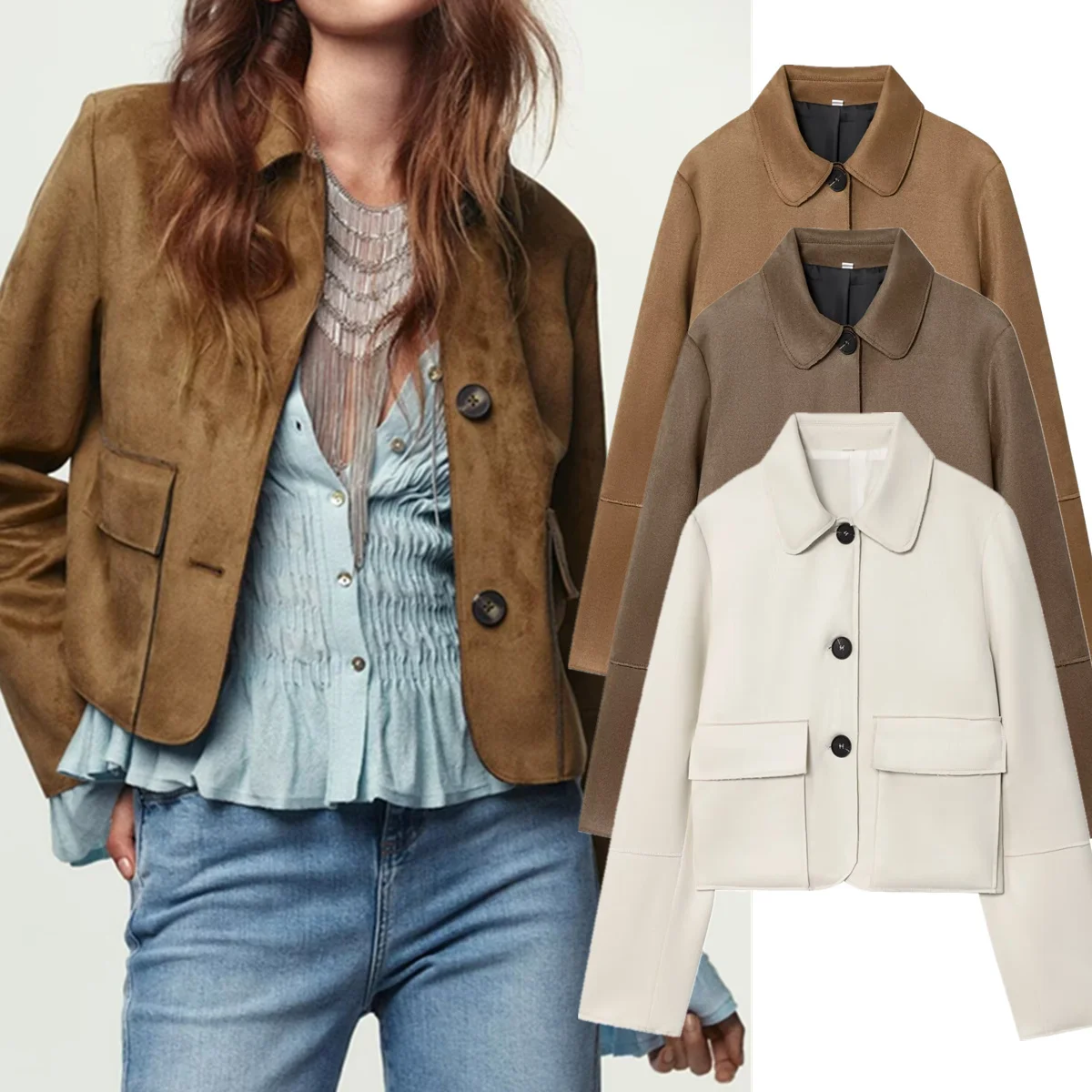 Maxdutti 2026 ربيع الموضة سترة جلدية من جلد الغزال سترة نسائية ملابس امرأة بلايز الحد الأدنى جيب واحدة الصدر دعوى