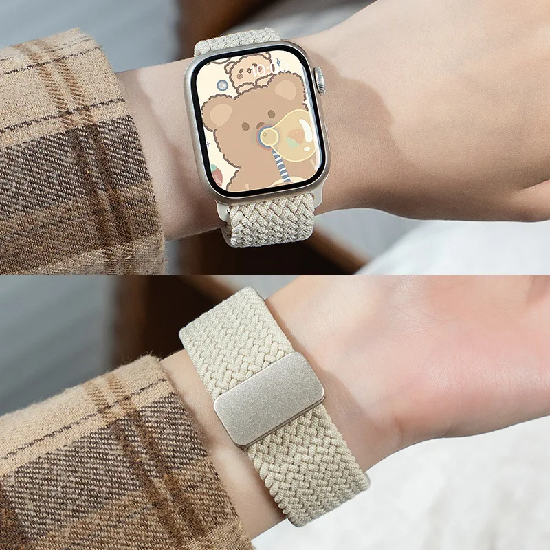 حزام مضفر لساعة أبل 40 مللي متر 45 مللي متر 49 مللي متر 42 مللي متر سوار بإبزيم مغناطيسي iWatch Series SE 6 7 8 9 10 Ultra 2 شريط مرن