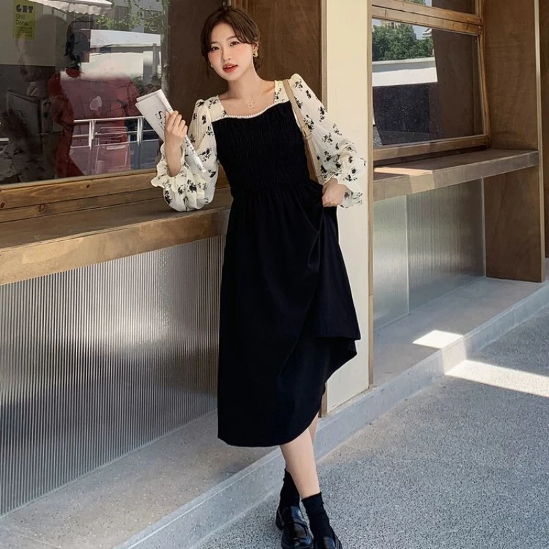 Midi Black Party Square Neck Woman Long Sleeve Dress Prom Clothing Beach Designer High Quality Luxury On Sales Dresses for Women