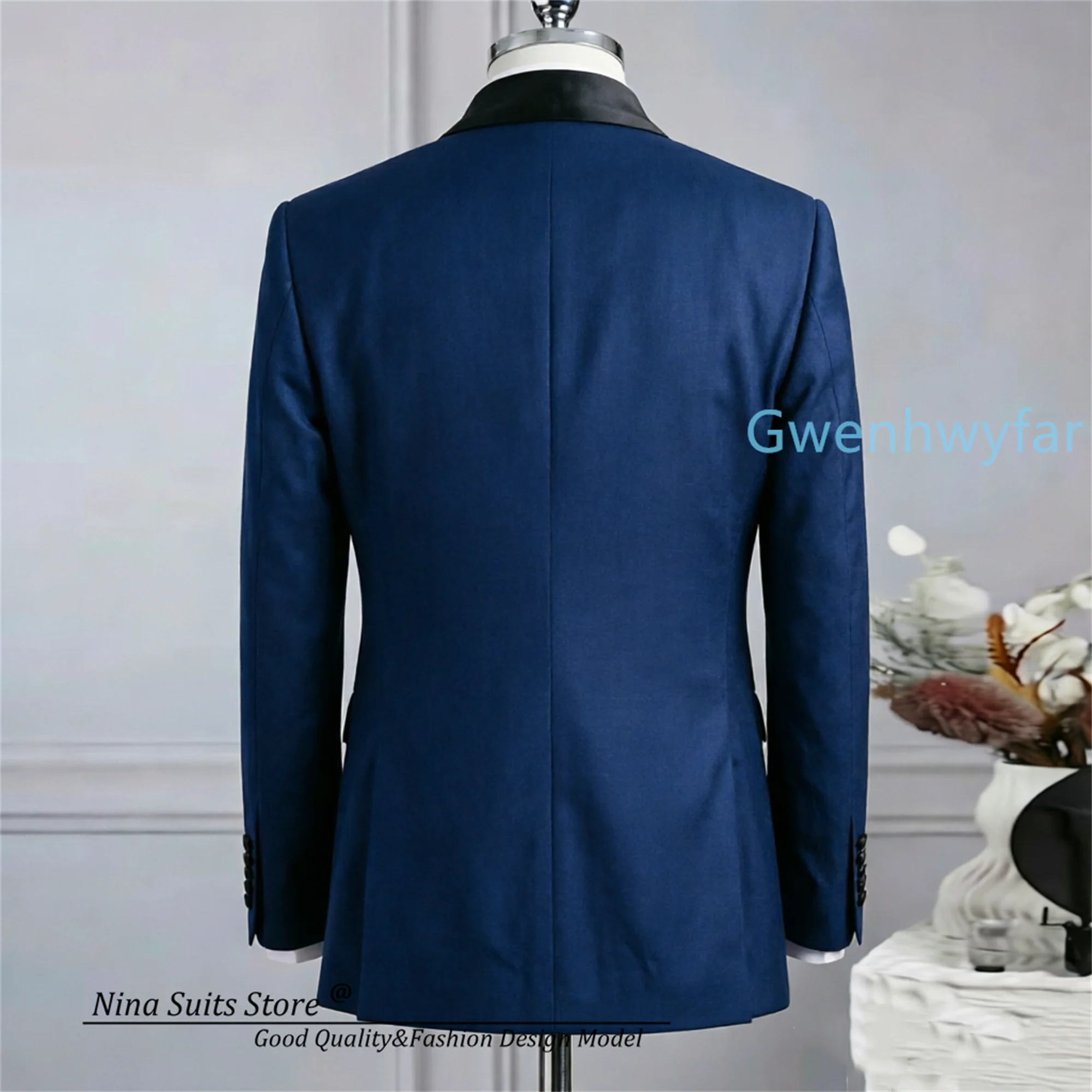 G&N 2027 Men's Suits Navy Blue Custom Made Stand Collar Black Satin Detail with Frog Button Gentlemen Concert Suit 2-Piece set