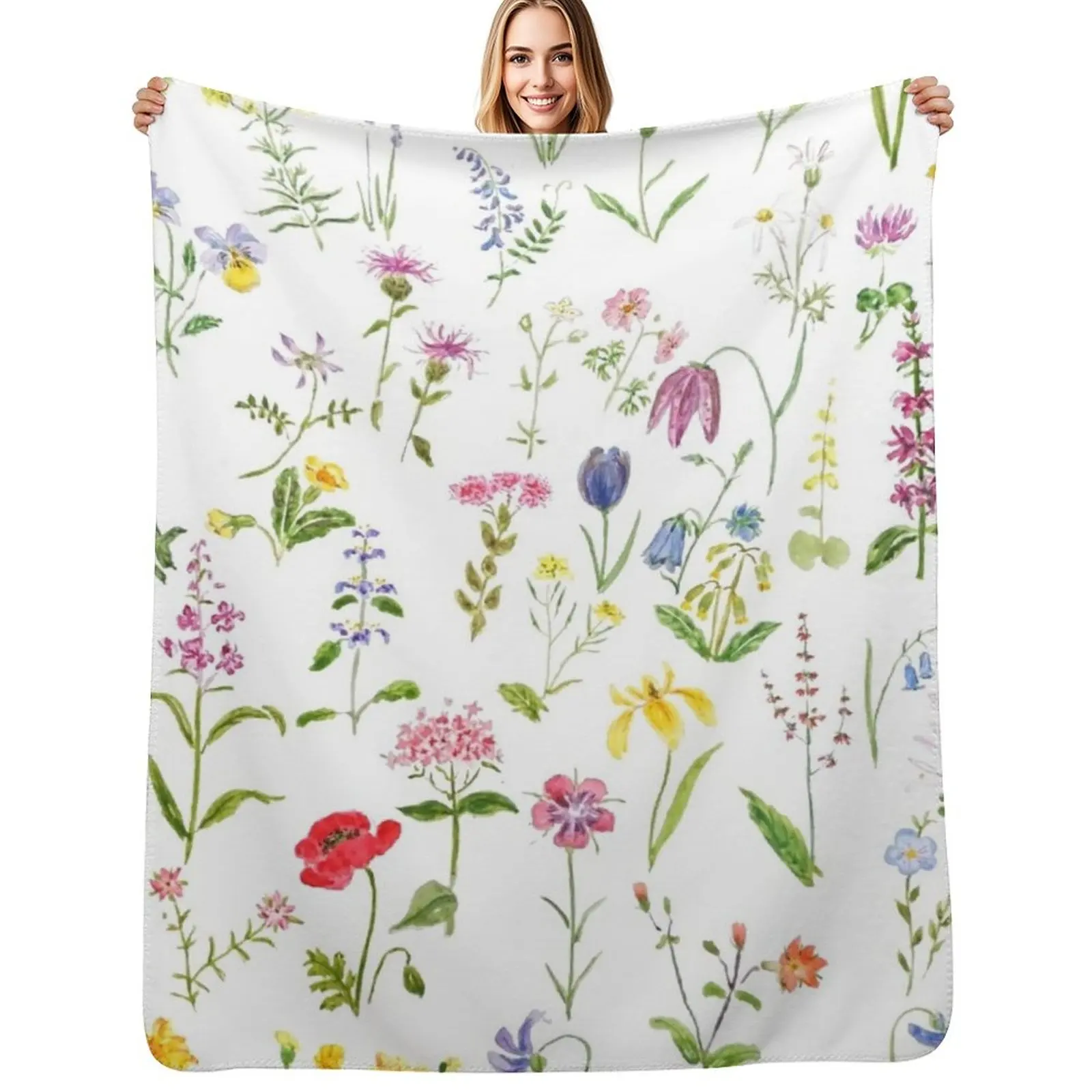 

botanical colorful countryside wildflowers watercolor painting Throw Blanket Shaggy Bed Hair Luxury Throw Blankets