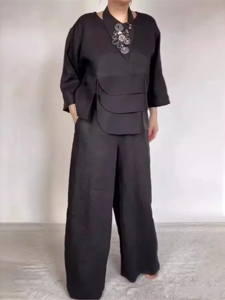 

Новый осенний атласный топ с круглым вырезом и широкими брюками, модный элегантный однотонный повседневный свободный комплект из 2 предметов для праздничной вечеринки, женский наряд