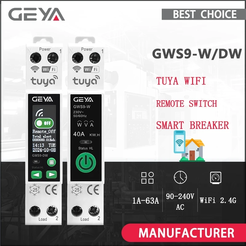 

GEYA TUYA WIFI Smart Circuit Breaker With Metering Smart Home Wireless Remote Control Switch 1A~63A Adjustable 90V~240V