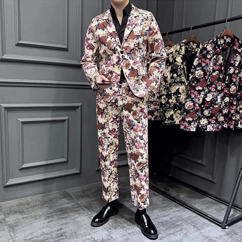 High End Elegant Floral Men\'s 2 Pieces Suits Sets （ Blazer + Pants ） Flower Printed Groom Wedding Costume Trajes Para Hombre 5XL