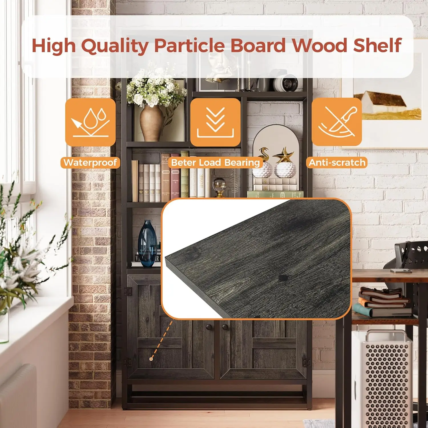 أرفف كتب وخزائن كتب من IRONCK، رف كتب عريض 35.4 بوصة مع أبواب، رف كتب طويل 6 طبقات هندسي مع خزانة تخزين #5