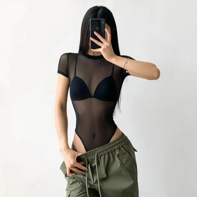 Summer Sexy Hollow out Short Sleeve T-Shirt Women's Mesh Base Shirt round Neck Splice Netting Breathable Street Style Top