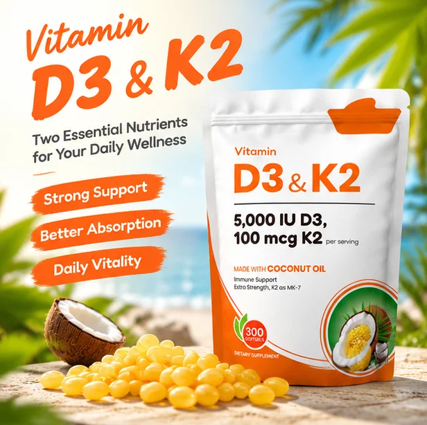 D3 K2 Vitamin Capsules 5000IU D3 100 mcg MK-7 K2, Coconut Oil Infused, 300 Softgels Daily Nutritional Supplement