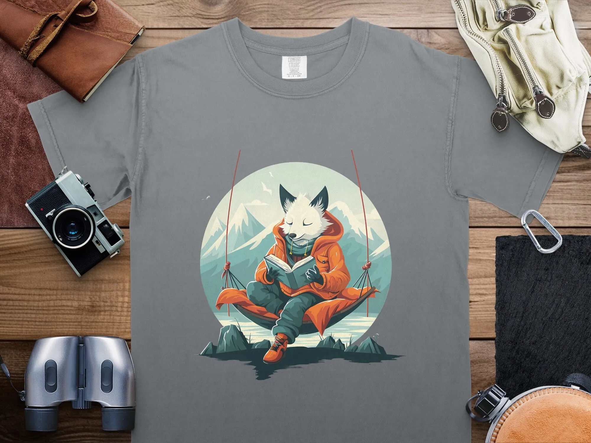 Arctic Fox Reading in Hammock T Shirt Casual Nature Inspired Apparel Unique Wildlife Design Clothing