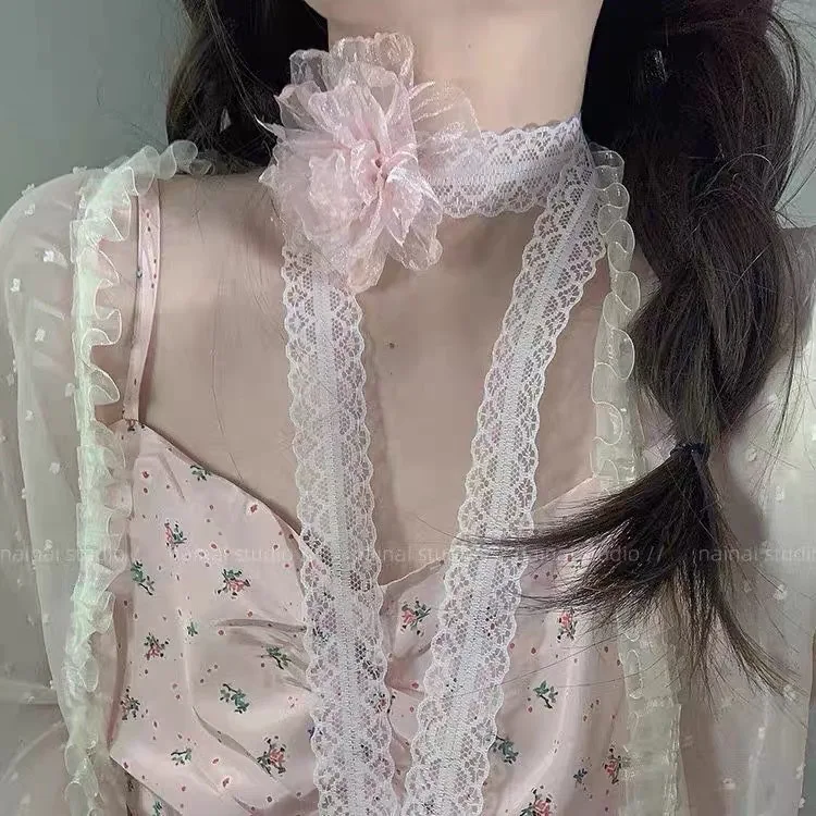 

Atmospheric Floral Necklace Women's Versatile Multi-Functional Hair Tie Scarf Ribbon Ultra-Ethereal Lace Flower Necklace