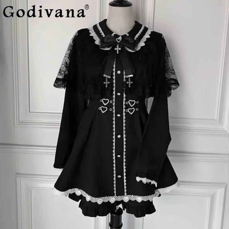 

Spring new Japanese Y2K Subculture Lolita Outfit Gothic Striped Black Lace Cape Long-sleeve Dress Shorts 2-piece Set Women
