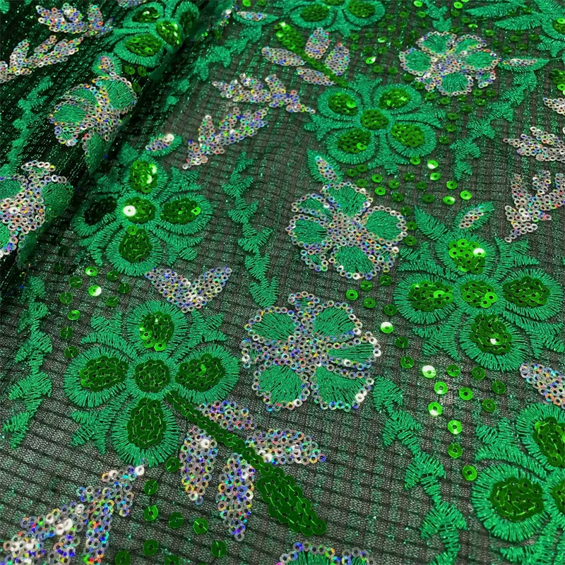 Green African French Net Lace Fabric With Sequins Embroidered Nigerian Tulle Lace For Party Dresses High Quality Fabric 2.5Yards