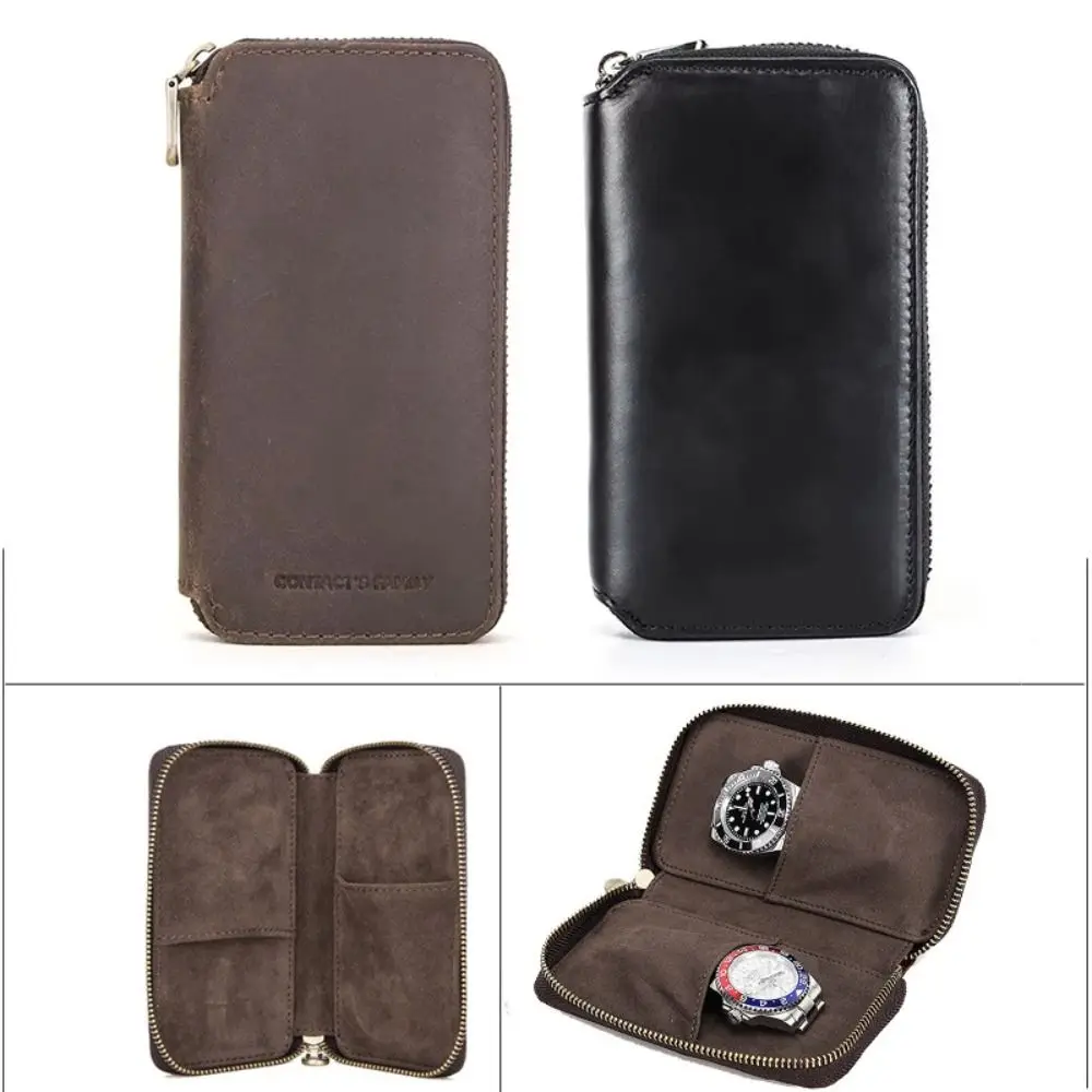 

Portable Genuine Leather Watch Pouch with Zipper Luxury Watch Storage Case Premium Vintage 2 Slots Watch Organizer Bag
