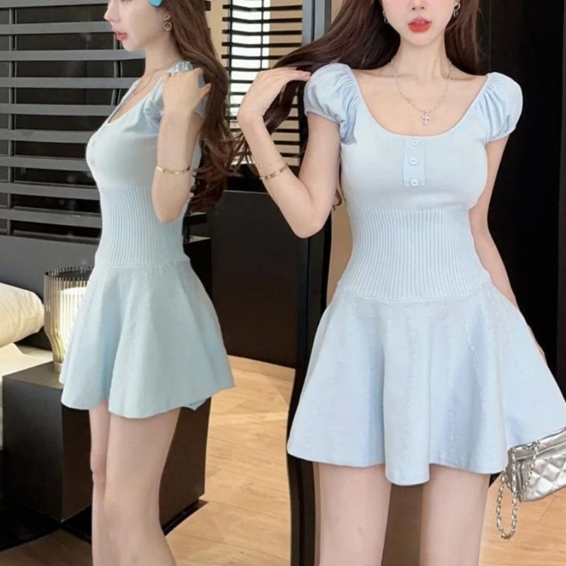 Knitted A-line Dress for Womens Mini Dress Casual Square Neck Short Sleeve Dress Dropship