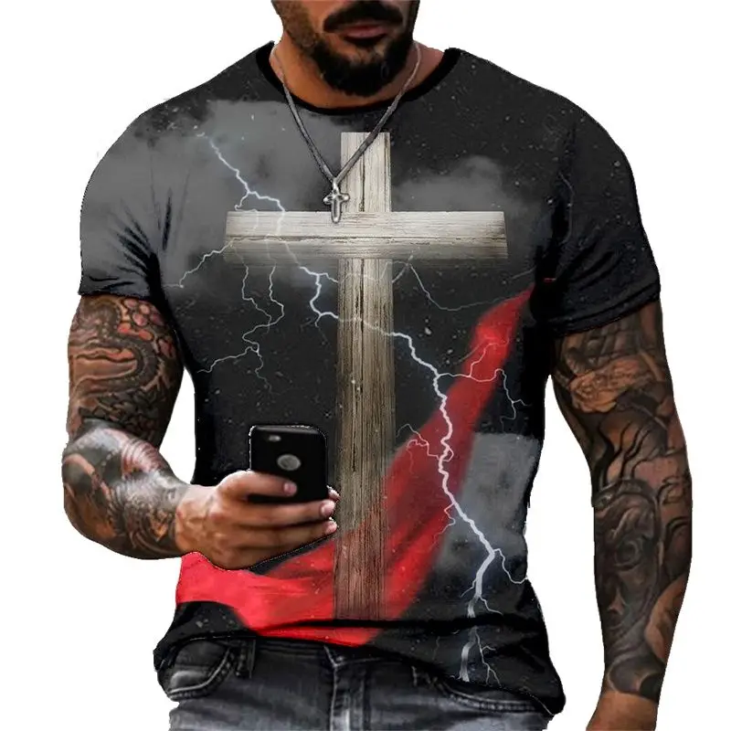 God Bless Vintage Jesus Christ T Shirt For Men 3D Print Men\'s Oversized Camiseta  Short Sleeve Top Tee