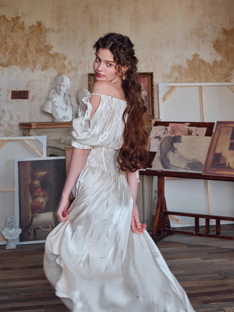 REDDACHiC 르네상스 여성 할로우 레이스 허리 트레이너 드레스 새틴 광택 퍼프 슬리브 미디 롱 드레스 파티 요정 여름 옷