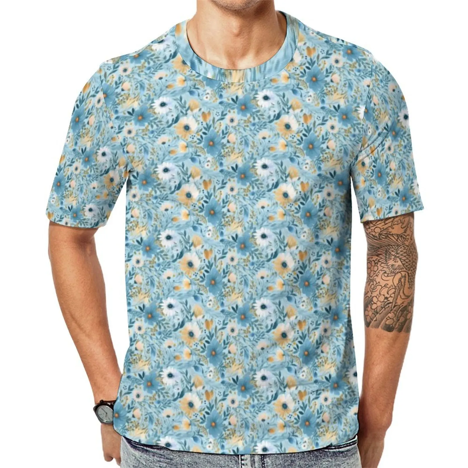 Plus Size T-Shirt Premium Blue Daisies Wildflower Print T-Shirts  Classic Round Neck Tshirt Man Retro Graphic Tees