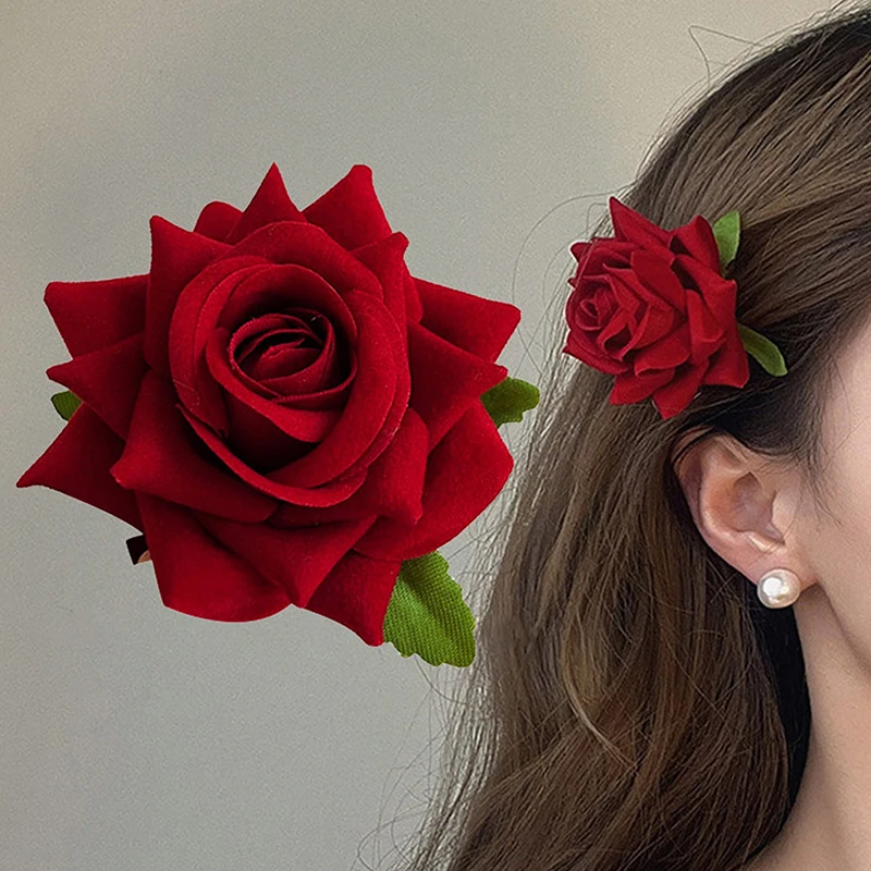 Accesorios para el cabello con Clip LATERAL, horquilla elegante y elegante con flor rosa roja Retro