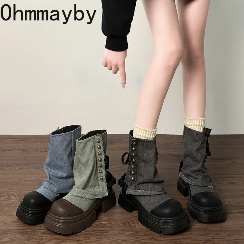 Designer Women Chunky Denim Short Boots Fashion Platform Heel Pants Booties Ladies Comfort Women\'s Footwear