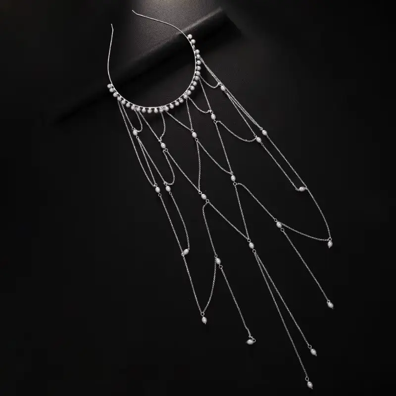 Bridal Wedding Headband European American Imitation Pearl Pendant Tassel Grid Headgear Hair Accessories for Women