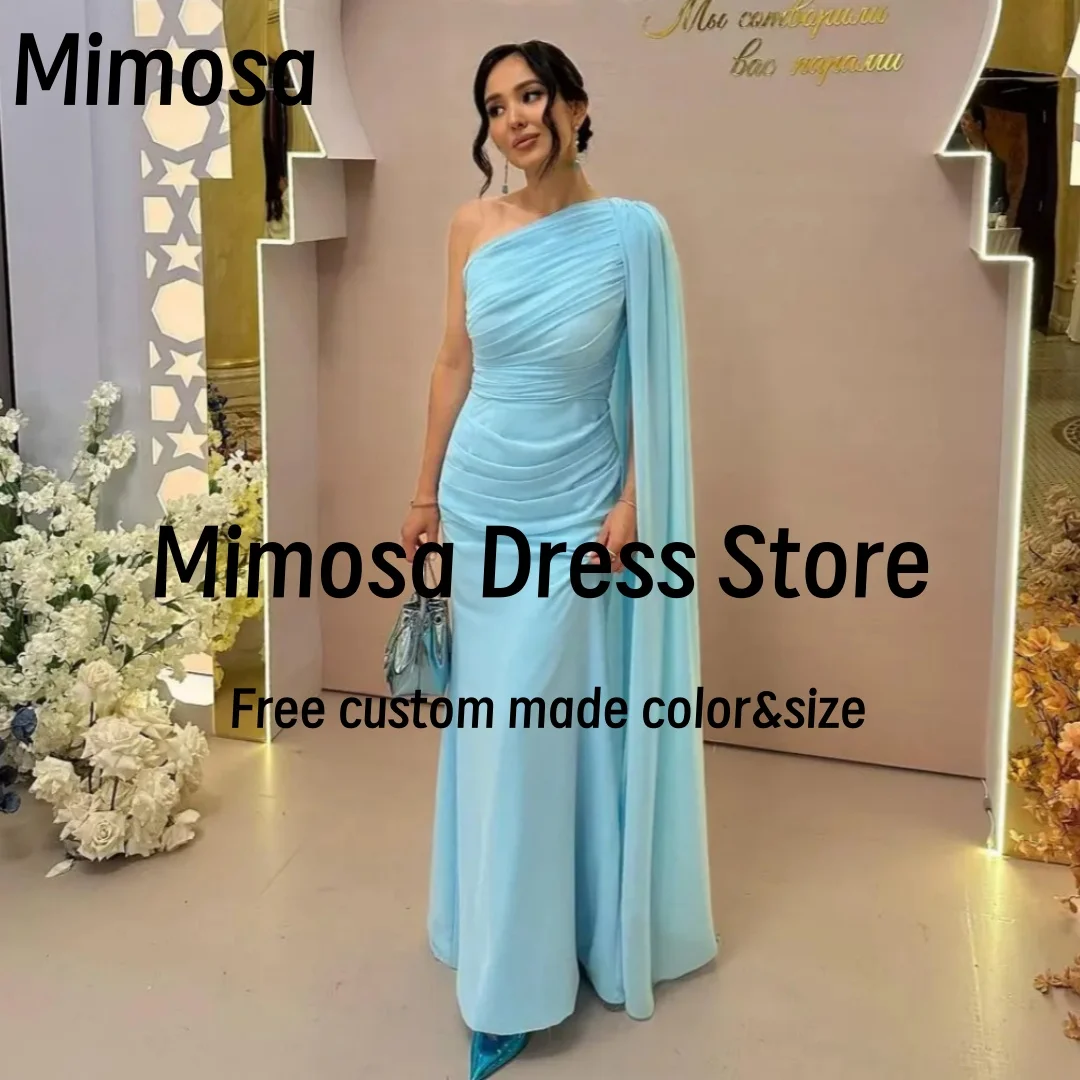 Mimosa Sky Blue Chiffon Prom Dresses One Shoulder Flutters Wedding Party Saudi Evening Gowns Ruched Robe De Soirée Customized