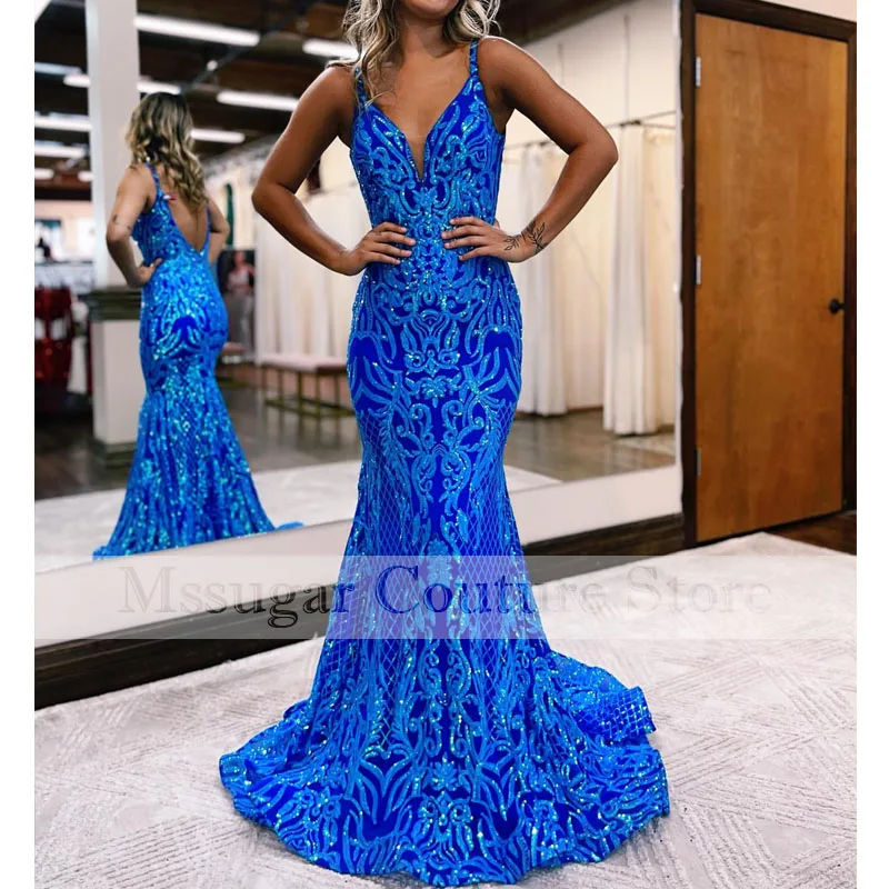 Long Elegant Mermaid Prom Dresses 2023 Sexy Mermaid Spaghetti Straps Sparkly Sequin Royal Blue Black Girls Backless Prom Gowns