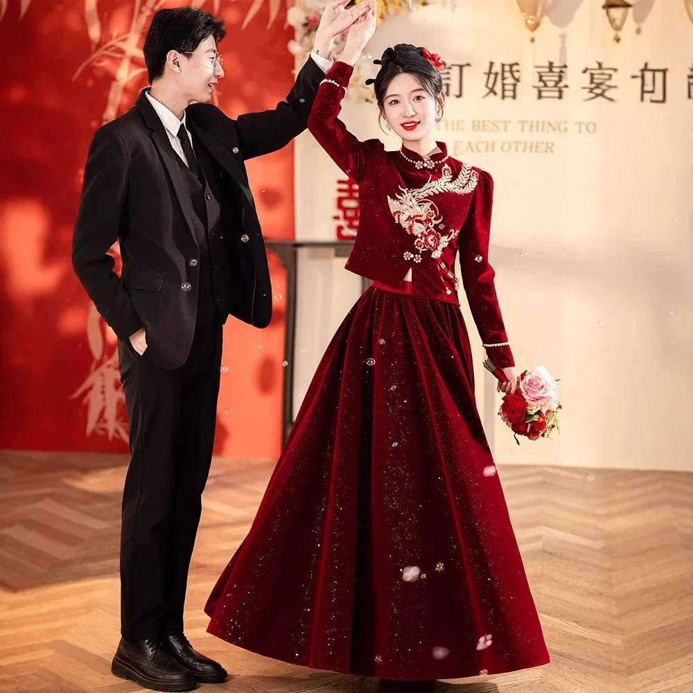 

New Chinese Long Sleeve Qipao Toast Dress for Brides 2025 New Red Engagement Set Long Sleeve Dress