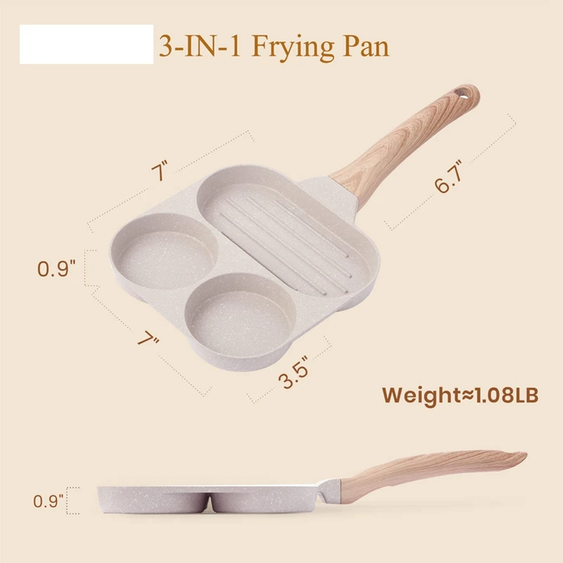 Sartén Sartén para huevos antiadherente, sartén para huevos, sartén para parrilla para desayuno 3 en 1, sartén para huevos, utensilios de cocina saludables, sartén para huevos
