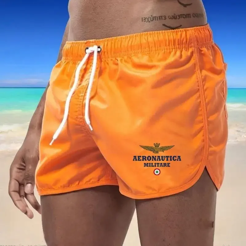 2025 new men's printed swimming trunks, quick-drying, breathable, pocket-sized, fitness, running, and beach shorts with ropes