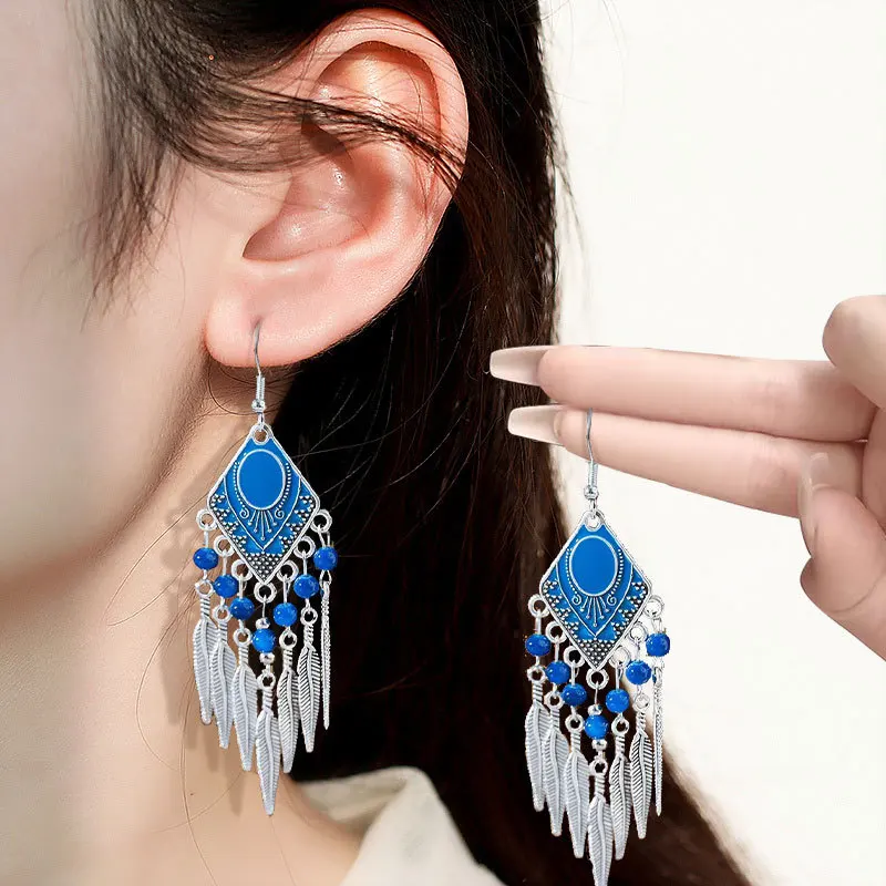 New Vintage Ethnic Bead Metal Leaf Tassel Earrings for Women Boho Drop Oil Rhombus Fan Shaped Water Drop Dangle Earring Jewelry