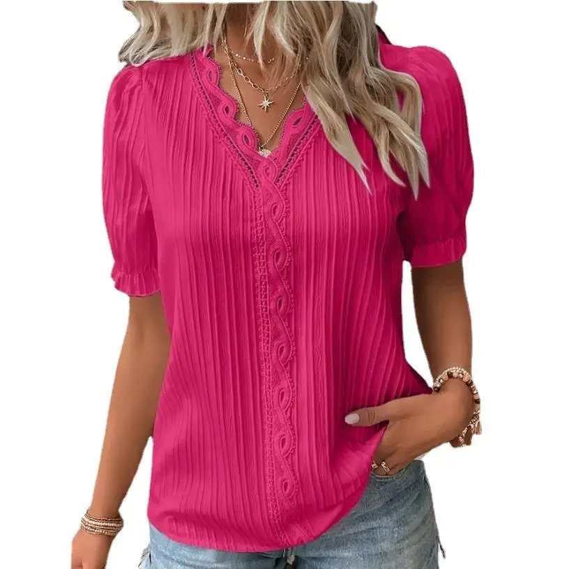 2025 Summer New Women's Blouse Top Solid Sexy V-Neck Hollow Short Sleeve Fashion Splice Plus Size Loose Street Apparel Shirt