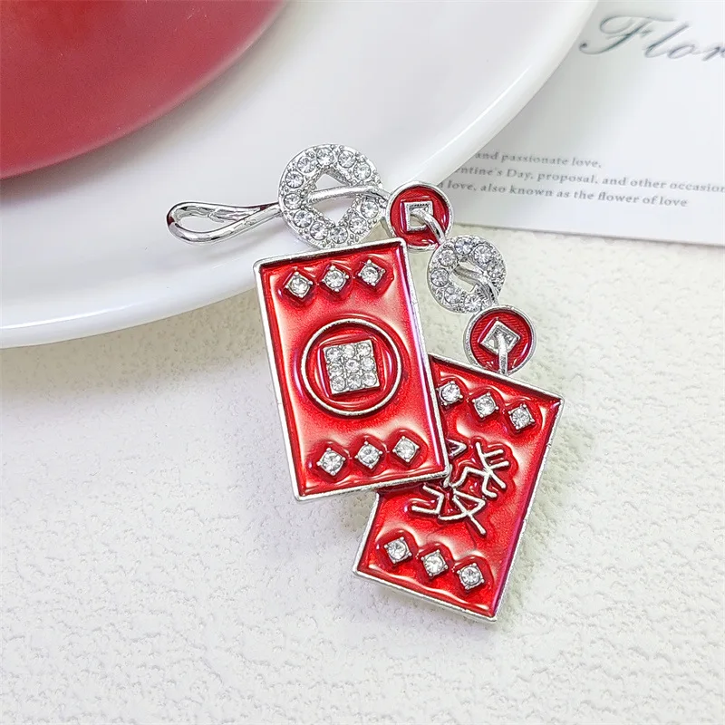 Creative Red Mahjong Brooches For Women Traditional Chinese Wedding New Year Corsage Pins Jewelry Rhinestone Ornaments Gifts