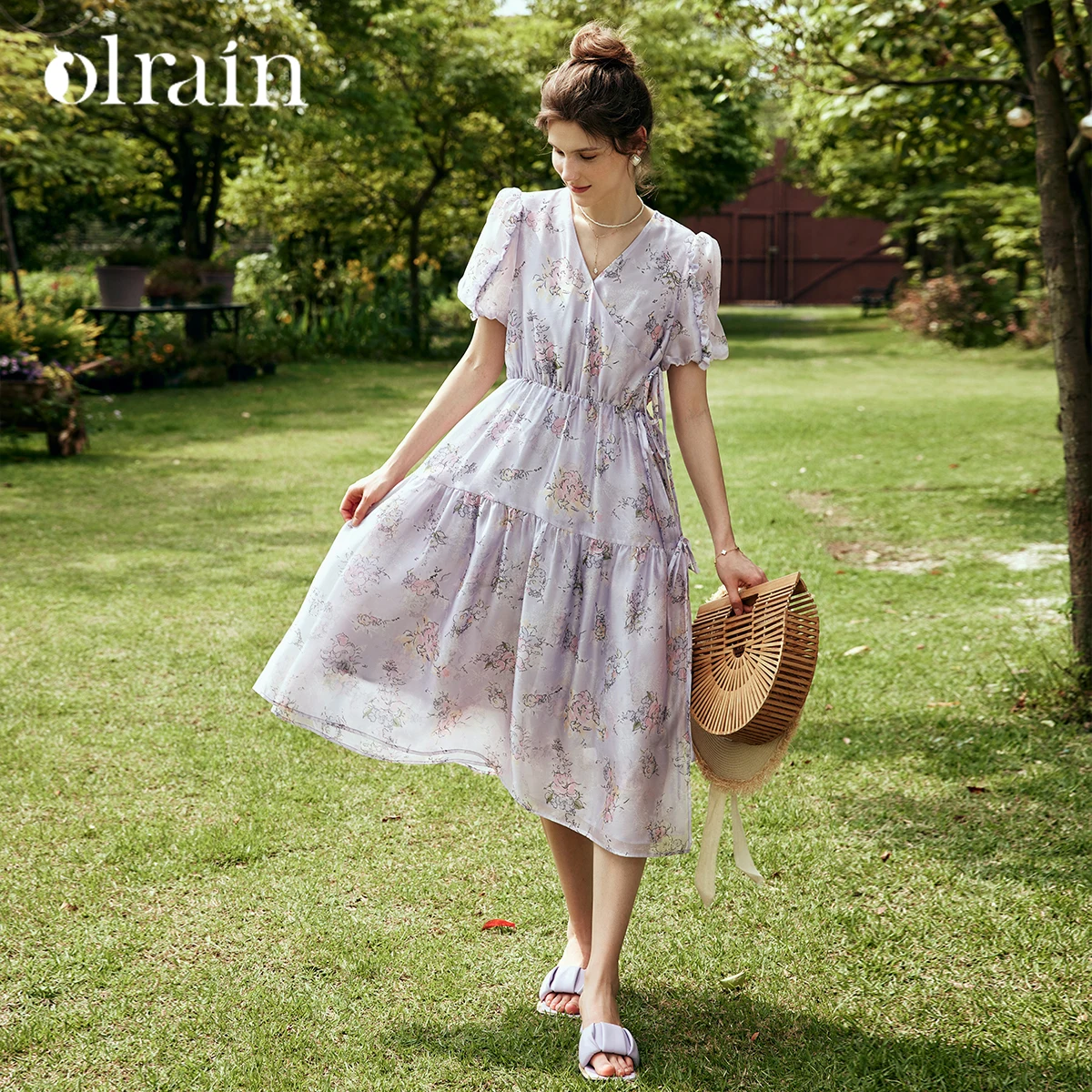 

OLrain Women's French Floral Dress 2025 Autumn V-Neck Slim Waist Skirt Lightweight Breathabe Fresh Style O23XL81525