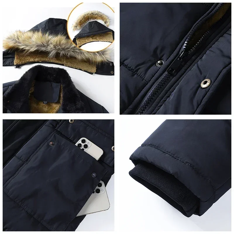 Abrigo grueso y cálido con cuello de piel para hombre, Chaqueta de felpa de talla 5XL, prendas de vestir de trabajo de otoño, Parka forrada de lana negra, invierno, nuevo