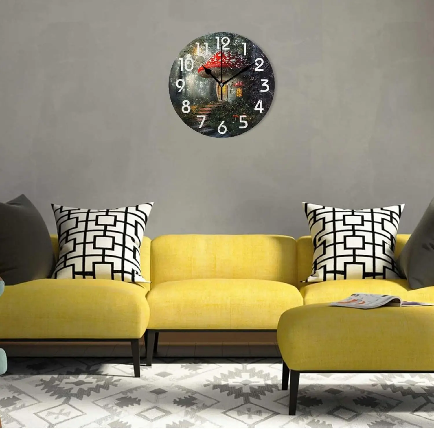 10 Inch Large Magic Deep Forest Fairy Mushroom House Large Round Wall Clock,Battery Operated Analog Quiet Non Ticking