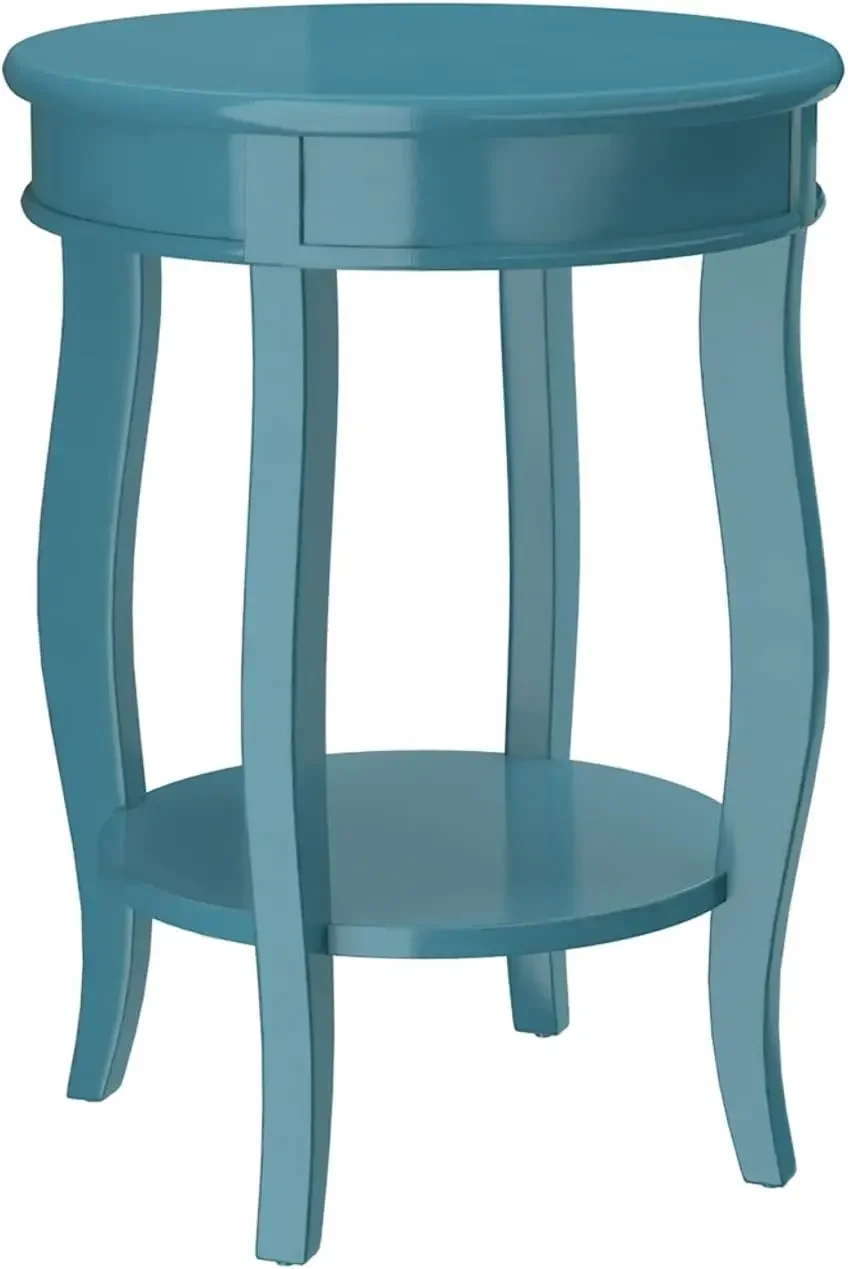 Wooden Round End Table with Bottom Shelf in Teal