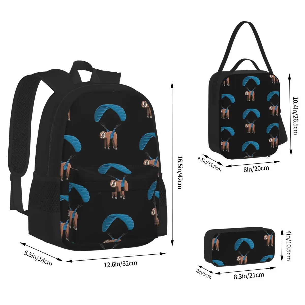 Paragliding Flying Sloth Skydiving Paraglider BackpacksStudents School Bags Kids Rucksack Lunch Bag Pen Bag Three-Piece Set