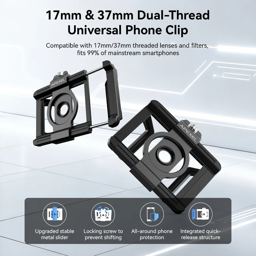 APEXEL 17&37mm Double-thread Universal Stretch Clamp, Compatible With Mobile Phone Macro, Telephoto, Wide-angle, Fisheye, Portra