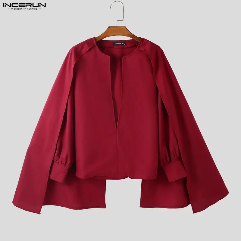 

INCERUN Men Irregular Shirt Solid Color V Neck Long Sleeve Ponchos Cloak Tops Men Streetwear Loose Fashion Casual Camisas Shirts