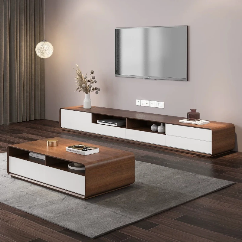Two Tone Walnut White TV Cabinet With Rounded Corners, Open Compartment & Drawer Storage Low Media Console