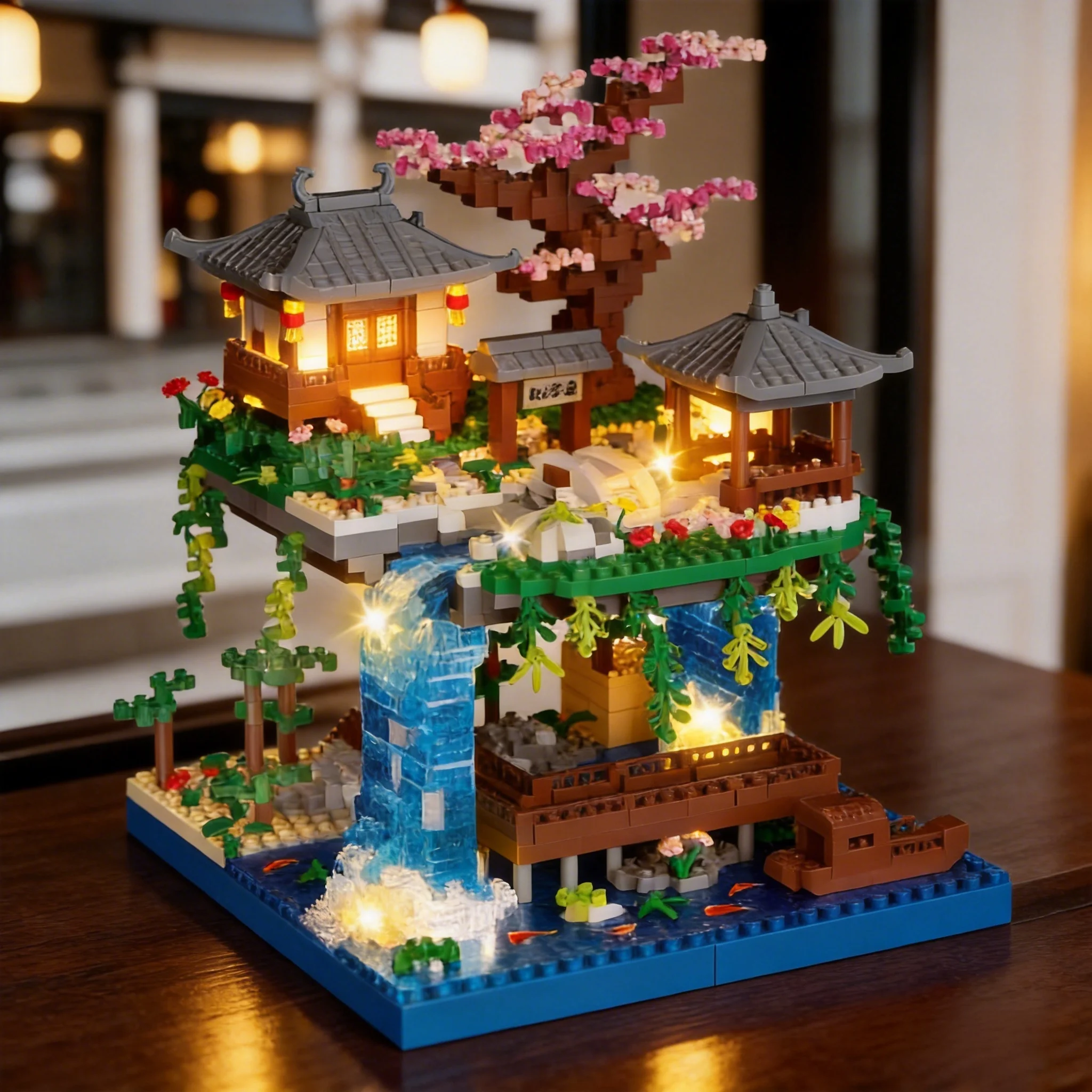 Beleuchtetes japanisches Zen-Kirschblütenbaum-Haus-Bauset, 2500-teiliger Sakura-Baum mit LED-Wasserfall, DIY-Dekorationsmodellbausatz – Detail 1