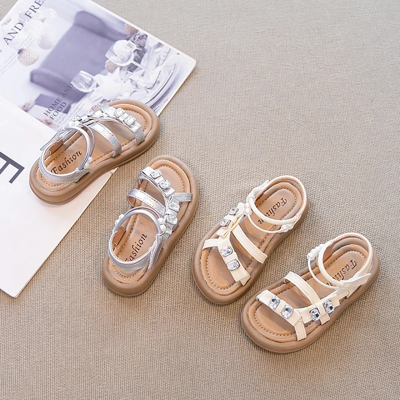 

Girls Princess Shoes Soft Comfortable Children Sandals Open Toes 2025 Summer New Kids Beach Shoes Shiny Crystal Beadings Sweet